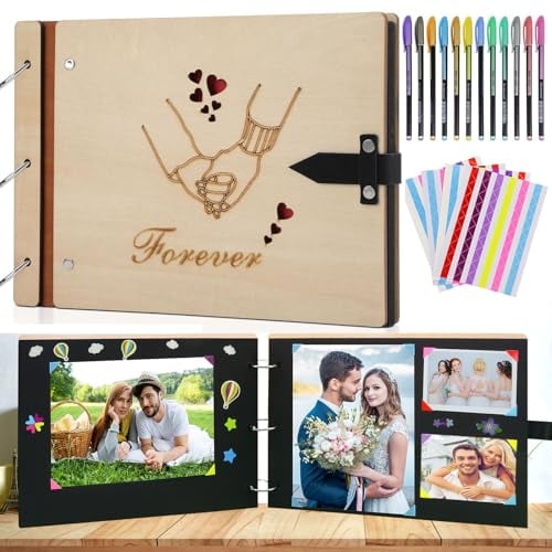 SEEALLDE Fotoalbum Holz zum Sebstgestalten Gästebuch 60 Schwarze Seiten Fotobuch mit 12 Metallstift für Geburtstag, Hochzeit, Weihnachten…