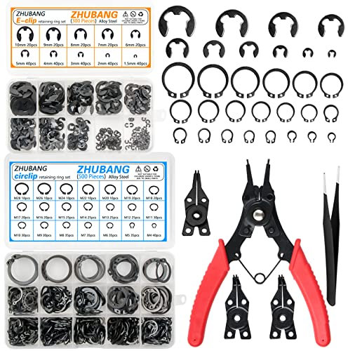 ZHUBANG 500 Stück C-Clip Externe Halteringe Sprengringe Sortiment Kit Sicherungsring Stahl Legierung (M4-M28) + 300 Stück E-Clip-Halteringe Sortiment Set (1.5 mm,10 mm) + 5 Sprengringzange + Pinzette