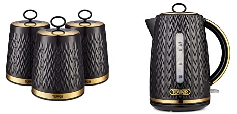 Tower T826091BLK Empire Set of 3 Storage Canisters for Tea Coffee Sugar, 1.3L, Black and Brass & T10052BLK Empire 1.7 Litre Kettle with Rapid Boil, Removable Filter, 3000W, Black with Brass Accents