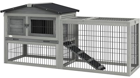 PawHut Clapier de Sol Cage à Lapin Cottage Niche supérieure avec Rampe enclos extérieur Plateau excrément fenêtre Porte verrouillable Bois Sapin dim. 150L x 52l x 68H cm Gris