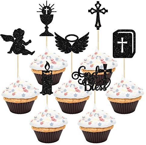 Gyufise 28Pcs God Bless Cupcake Toppers Nero Glitter Ragazzi Battesimo Cupcake Toppers Angelo Calice Bibbia Croce Cupcake Picks Christian Battesimo Tema Baby Shower Party Cake Decor Forniture