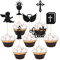 Gyufise 28Pcs God Bless Cupcake Toppers Black Glitter Boys Baptism Cupcake Toppers Angel Chalice Bible Cross Cupcake Picks Christian Baptism Theme Baby Shower Party Cake Decor Supplies