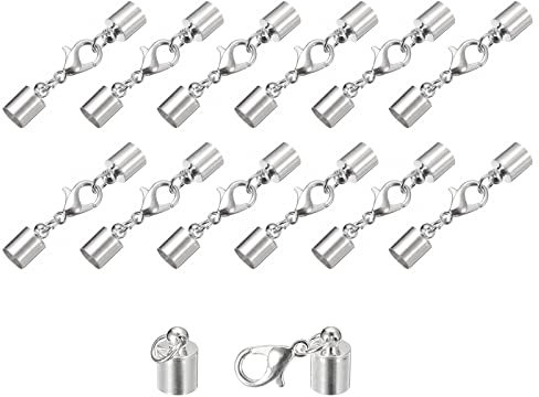 sourcing map 20Sets 6mm Leather Cord End Caps with Lobster Claw Clasps, Barrel Terminators for DIY Making Leather Bracelets, Silver Tone