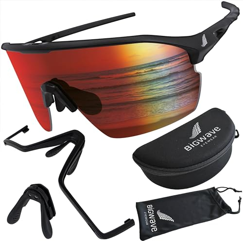 BIGWAVE 906 Sportbrille Schnelle Brille Fahrradbrille Sonnenbrille für Damen und Herren UV400 mit roten Gäsern im Shield-Design. Anti-Beschlags-Beschichtung (rot verspiegelt)