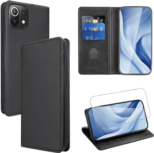 Vauki Hülle Leder für Xiaomi 11 Lite 5G NE/Mi 11 Lite 4G/5G Handyhülle mit 1 Schutzfolie,Standfunktion Kartenfach Wallet Schutzhülle Flip Cover Stoßfeste Klapphülle für Xiaomi 11 Lite 6.55,Schwarz