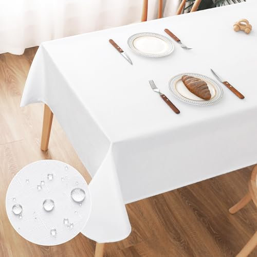AooHome Tischdecke Abwaschbar Weiß, 140x240cm Tischdecken Leinen-Optik Tischtuch aus Polyester Wasserabweisend mit Lotuseffekt, Dauerhaft Kratzfest für Wohnzimmer, Esszimmer, Balkon, Garten