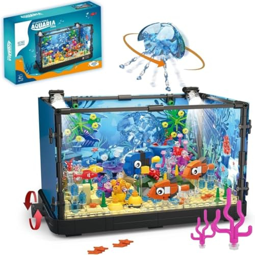 Pasyru Aquarium Baustein Bausatz mit LED Licht, 725 Teile Aquarium Fish Tank Quallen Fisch Baustein Spielzeug, Kreative Geschenke für Kinder Erwachsene(7023)