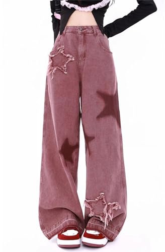 Kisswow Jean Y2k pour femme - Jean Star - Taille haute - Pantalon cargo pour femme - Pantalon étoile mignon pour femme, Pentagramme 15 Rouge foncé, Taille L
