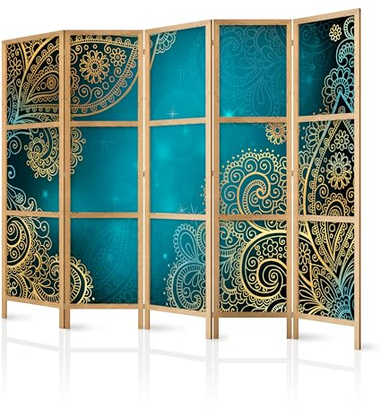 murando - Paravent Innen Raumteiler Holz Blätter 225x172 cm 5-teilig Japanische Trennwand Raumtrenner Room Divider Mobiler Sichtschutz Spanische Wand Raum Abtrennung Botanik Natur f-A-0146-bh-c