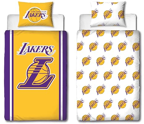 Character World NBA Offiziell Lizenziertes Los Angeles Lakers Design, Einzelbett-Bettwäsche-Set, wendbar, 2-seitige Basketball-Bettwäsche mit passendem Kissenbezug, perfekt für Kinderzimmer