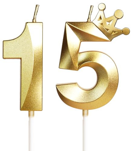 Geburtstagskerzen Zahlen mit Krone 15, 5cm 3D Gold Geburtstagskerzen, Geburtstag Kerzen,Kerzen Geburtstag,Tortenaufsätze Kuchen Topper Dekoration Hochzeit Geburtstag Jubiläum Feier Lieferungen(15）