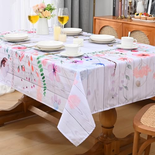 Alishomtll Blumen Tischdecke, Frühling und Sommer Garten Tischtuch, Outdoor Wasserdicht Abwaschbar Tischdecken, Küche Wohnzimmer Tischwäsche, Picknick Party Dekoration, Holzmaserung 130x220cm