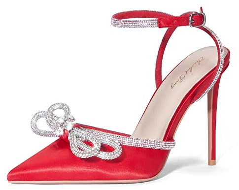 Zhabtuc Womens Rhinestone Bowknot High Heels Elegant Pointed Closed Toe Bow Satin Stiletto Court Shoes, Red Satin, 4.5 UK