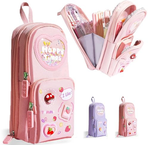 Rosa Rucksack Federmäppchen mit 3 Fächern, Mäppchen Mädchen mit Niedlicher Anhänger, Bleistiftbox, Federmappe, Federtaschen, Schreibwarenbeutel, Schule Teenager Geschenk, Große Kapazität Pencil Case