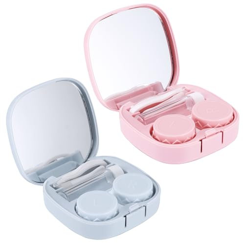Pwocvoe 2 PCS Travel Contact Lens Cases with Mirror, Contact Lens Case Container Box Portable Travel Contact Lens Case Left/Right Eyes Contact Lens Holder with Tweezers Suction Stick Blue Pink