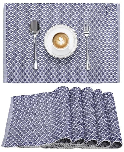 JEMIDI 6er Set Tischset gerippt Rautenmuster - 6 Tischsets aus Baumwolle - 6X Boho Platzdeckchen Platzset aus Stoff - Tisch Sets Platzsets Placemats - Blau
