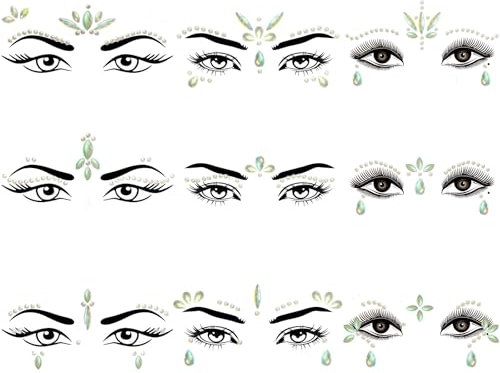 TAIHOBO 9 Stück Glitzersteine Gesicht Festival Tattoos, Festival Glitzer Gesicht Steine mit Lumineszenz-Effekt, Glitzersteine Selbstklebend, Festival Accessoires für Karneval Party und Tänze Make-up