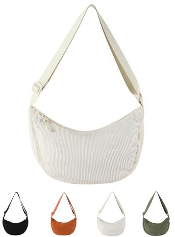 Hernin Crossbody Moon Bag Damen Cord Halbmond Schultertasche Damen Crossbody Cord Tasche Moon Bags Large Halbmond Tasche mit Verstellbarer Schultergurt (Creme)