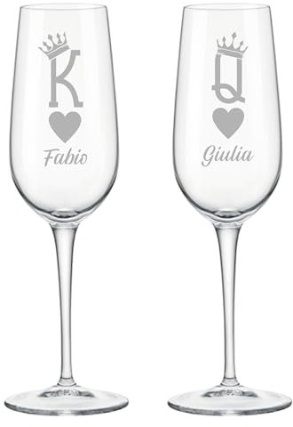 Colorfamily Set di 2 Calici Flute da Champagne Personalizzati con Incisione King & Queen, Regalo Matrimonio Anniversario per Coppia
