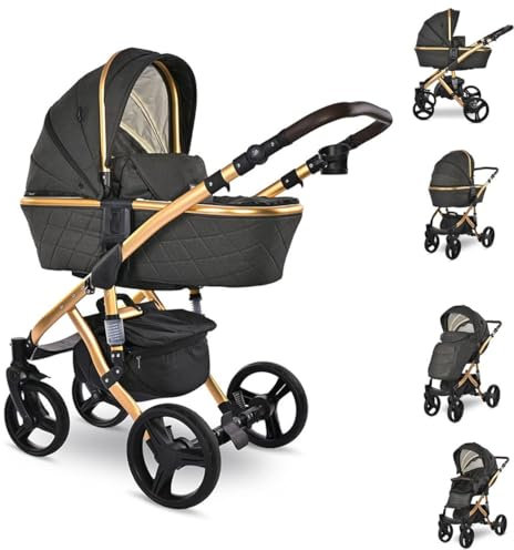 Lorelli Kinderwagen Rimini Premium Sportsitz Tragewanne Moskitonetz verstellbar, Farbe:schwarz gold