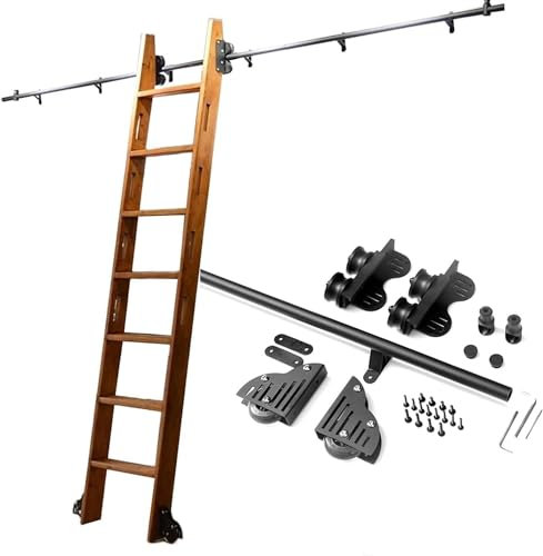 Black Rolling Library Hardware Kit, Library Sliding Ladder Hardware, Sliding Hardware Rolling Library with Floor Roller Wheels, Extention Track for Rolling Kit System (No Ladder)/1