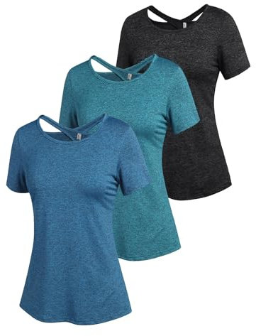 ADOME Sport Oberteile Damen Funktionsshirt Damen Kurzarm Laufshirt Rundhals Schnell Trocken Yoga Fitness Shirts Oberteile Backless Top 3er Pack PAT1-B M