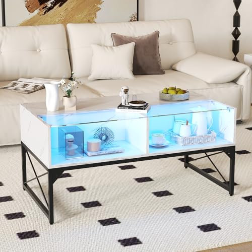 GOPLUS Table Basse Laquée Marbre Verre, Table Basse Salon LED Lumières avec Télécommande 20 Couleurs Réglables 4 Cubes, Plateau en Faux Marbre et Verre Trempé,Charge 200KG,105 x 55 x 50 CM (Blanc)