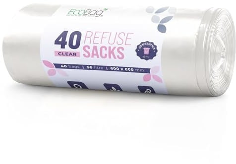 EcoBag - 40 Pack Heavy Duty White Bin Liners - 22 Microns - Extra Strong, Leak-Proof, Tear-Resistant Bags for Kitchen, Home & Office (50L)