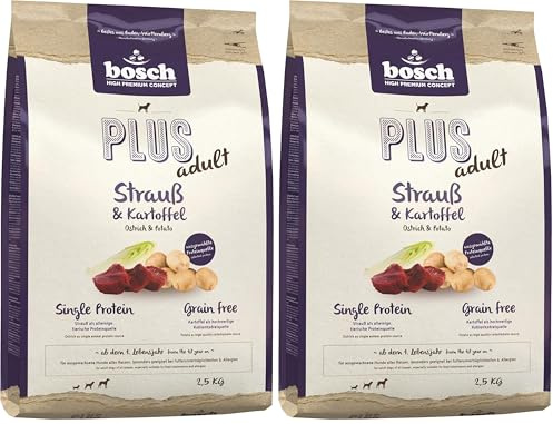 Bosch HPC Plus Adult Strauß & Kartoffel | Hundetrockenfutter für ausgewachsene Hunde Aller Rassen | Single Protein | Grain-Free | 1 x 2.5 kg (Packung mit 2)