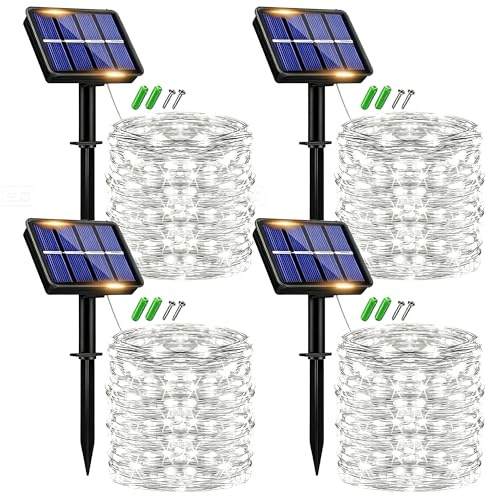 plainshe Solar Lichterkette Aussen, 15M 150 LED Lichterkette Solar Außen Wetterfest, 8 Modi Kupferdraht Lichterkette Outdoor Wasserdicht für Garten Terrasse Balkon (4P Weiß)