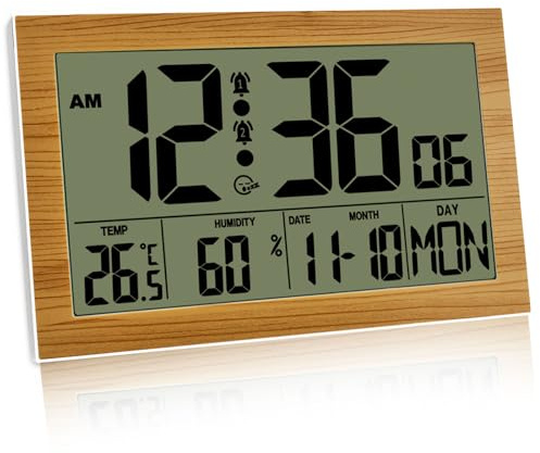 Chingcoo Reloj de pared digital con radiocontrol, indicador de temperatura y humedad, 20,1 x 12,4 cm, alarma de humedad, formato 12/24 horas para dormitorio, salón, oficina, escuela