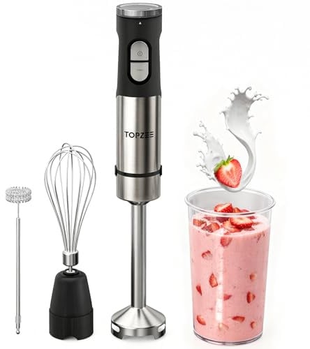 Topzee Stabmixer Set 1200W, 4-in-1 Pürierstab mit 15-stufiger Geschwindigkeitsregelung & Turbo-Taste, 304 Edelstahlklingen mit Spritzschutz, leiser Betrieb, spülmaschinengeeignetes Zubehör