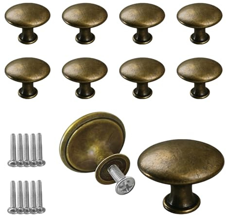BosuLai Bouton de Tiroir, 10 Pcs Boutons d'armoire Vintage Chic (30 mm) | Laiton Rond Poignée de Meuble Ancien,Vintage Ronds Poignee de Meuble,pour Placards,Commode,Armoire,avec Vis Assorties