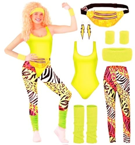 mojingder 80er Jahre Outfit Damen,Faschingskostüm Damen,90er Aerobic Outfit für Karneval Fastnacht Mottoparty,Tshirt Leggings,Rosa Tank Top,Tüllrock Bauchtasche Beinlinge Netzhandschuhe S-XL Kostüm