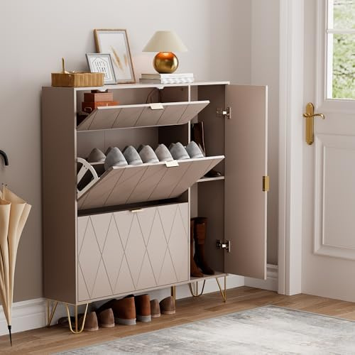 UEV Schuhschrank mit 2 Klappen und 2 Türen, 105x24x120cm, mit Kippschutz/Trennwand verstellbar, Schuhkommode, Schuhkipper schmal, Schrank Flur platzsparend Moka