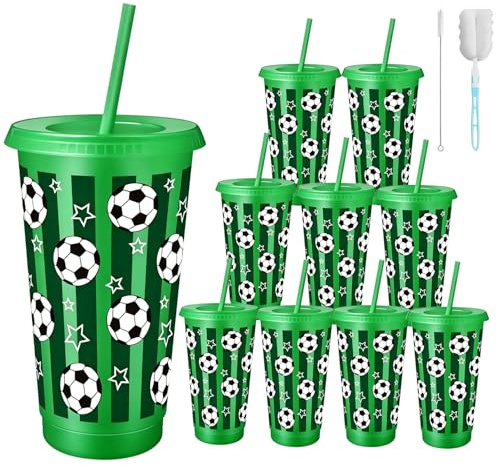 Weal4All 10 Pack 710ml Plastic Cups with Lids and Straws, 10 Pcs 24 oz Soccer Football Cold Cups Ice Water Coffee Tumbler Mugs for Home Travel Party Picnic and Pool Gathering