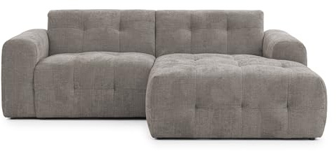 Modernes Ecksofa mit Ottomane rechts und raffinierten Steppungen, B234/T161/H79 cm, mit Wellenunterfederung, angenehm weicher, strapazierfähiger Chenille-Bezug in Braun Taupe / 21041