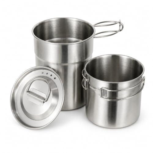 Raoletin 2 Pack Mess Tin Foldable Camping Kettle, Portable Nesting Mess Tins for Camping with Vented Lid and Folding Handles, Stainless Steel Outdoor Cooking Pot for Backpacking Hiking Picnic