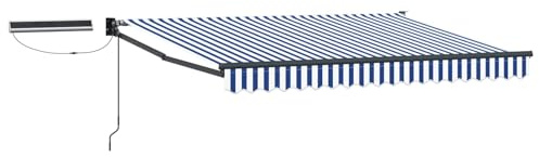 LKJephalotrop Tenda da sole elettrica, 3,5 x 2,5 m, con braccio articolato, con pannello solare e telecomando, tenda da sole motorizzata per terrazza e balcone, telaio in alluminio, blu, bianco