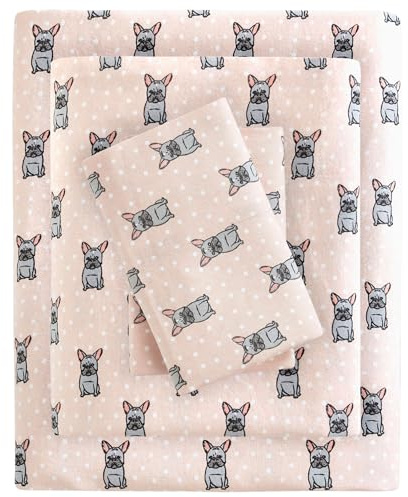 Sleep Philosophy True North by Kuscheliges Flanell-Bettwäsche-Set, 100% Baumwolle, Motiv: Tiere und Sterne, niedlich, ultraweich, für kaltes Wetter, Queen-Size-Bett, Rosa, Französische Bulldogge,