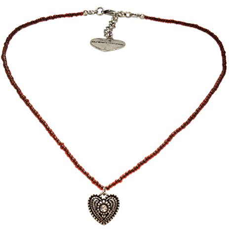 Alpenflüstern Filigrane Mini-Perlenhalskette Trachtenherz - Damen-Trachtenschmuck mit antik-Silber-farbenem Trachtenherz, Dirndlkette rot DHK268