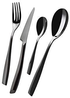 BUGATTI, Riviera, 4-teiliges Besteckset aus Edelstahl 18/10, PVD-Beschichtung mit schwarzem Diamant, Set für 1 Person, bestehend aus 1 Löffel, 1 Gabel, 1 Messer und 1 Kaffeelöffel