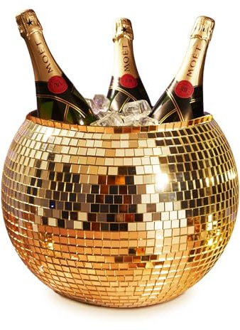 MikaMax Ice Bucket Disco Ball Gold - XL 11 Litres - Drinks Cooler for Parties - Wine Cooler & Ice Container - Golden Disco Ice Bucket - 27.5 cm