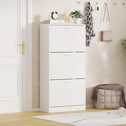 AVC Designs 3 Drawer Grey White Pine Shoe Storage Cabinet Cupboard Rack Space (White)