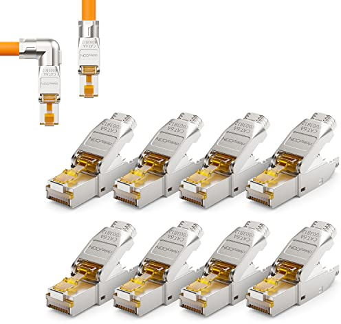 deleyCON 8x CAT 6a Netzwerkstecker 90° Winkel Stecker RJ45 Werkzeuglos Geschirmt 10 Gbit/s Netzwerk Stecker für Starre Verlegekabel Rohkabel Steckverbinder RJ45 Ethernet LAN DSL Patchkabel