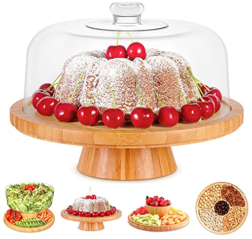 Homeries Bamboo 6-in-1 Multi-Functional Serving Platter, Cake Stand with Dome & Lid