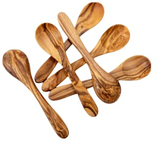 Kleine Olivenholz-Löffel, 6 Mini-Holzlöffel, handgefertigt, kleine Olivenholz-Löffel-Set für Gewürze, Honig, Kaffee, Tee, Marmelade, Badesalz, 11,5 x 1 W