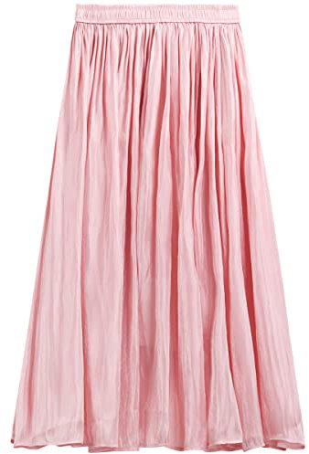 Donne Ragazze Gonna a Pieghe Gonna di Raso Gonna di Seta Lucida Midi Gonna Lunga A-Line Gonna a Pieghe Elastico in Vita per la Primavera Estate Autunno Lunghezza Gonna 82cm - Rosa Chiaro Tinta Unita