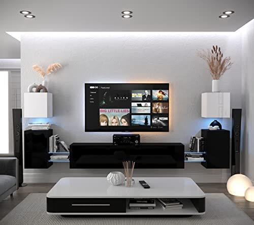 Furnitech Wohnwand Wohnzimmer | Wohnzimmer Möbel mit LED Weiß | Hängend Wohnwand Modern | Wohnzimmer Schrankwand mit Regale und TV Schrank (AN105-21WB-HG4 1A)