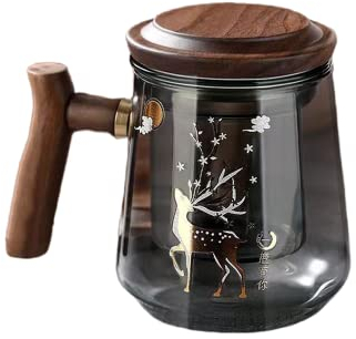 Mond Hirsch Teetasse Glas dreiteiliger Becher Seitengriff Trinkbecher mit Sieb und Deckel Kaffeetasse mit Sieb und Holzgriff (rauchgraues Hirsch)